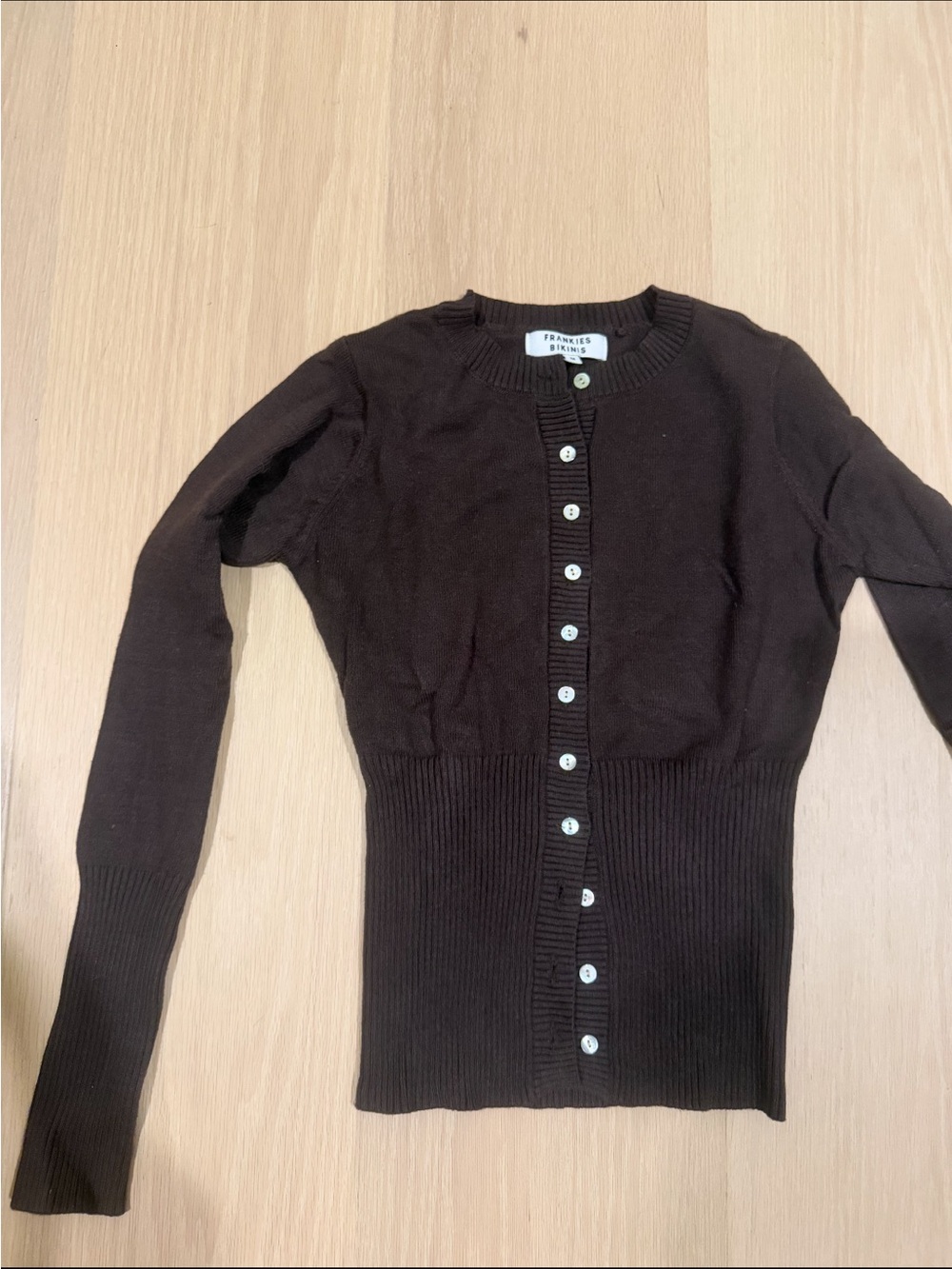 Frankie's Bikinis Dark Brown Button-Front Ribbed Waist Cardigan